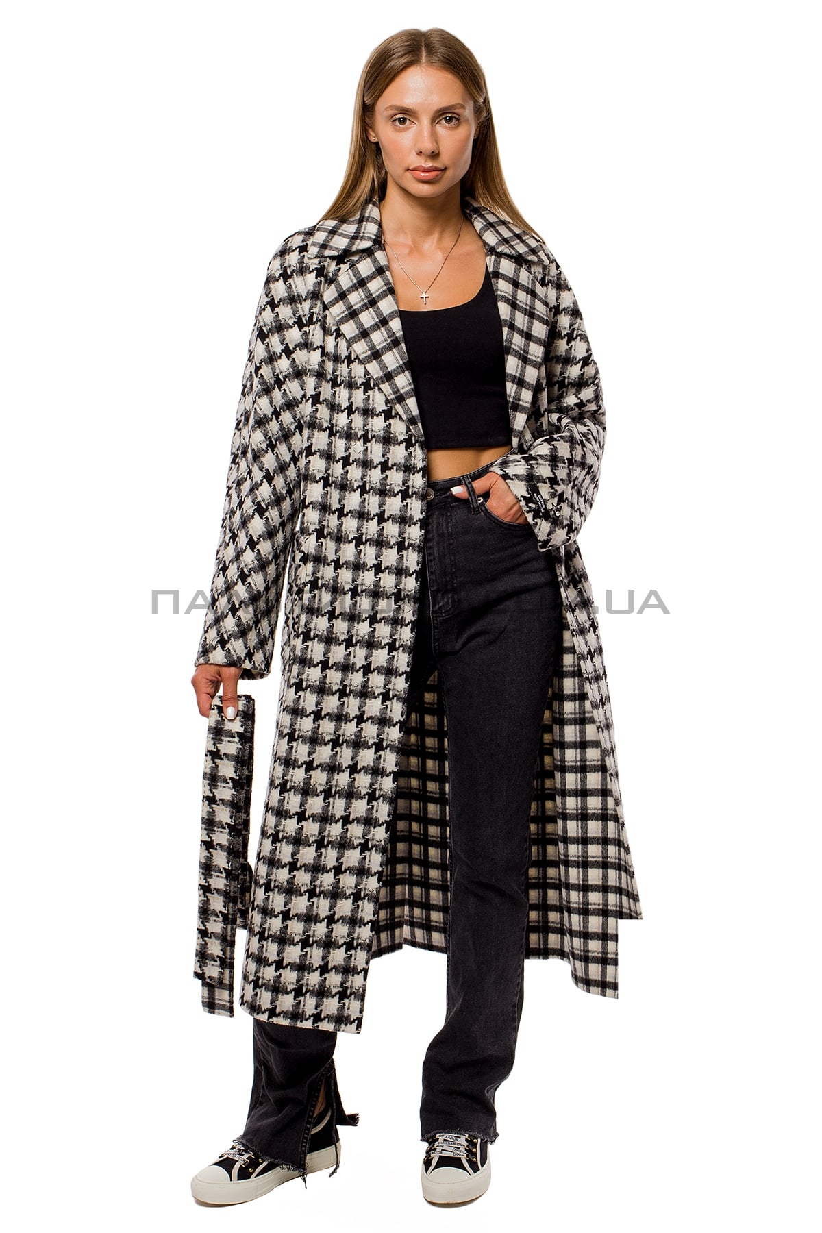  Женское стильное пальто гусиная лапка черно-белое