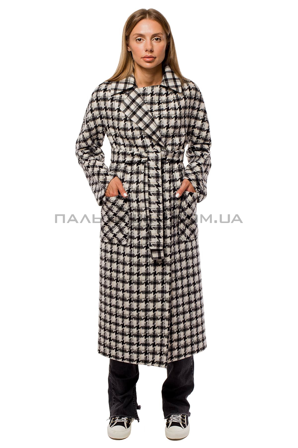  Стильне жіноче пальто гусяча лапка чорно-біле