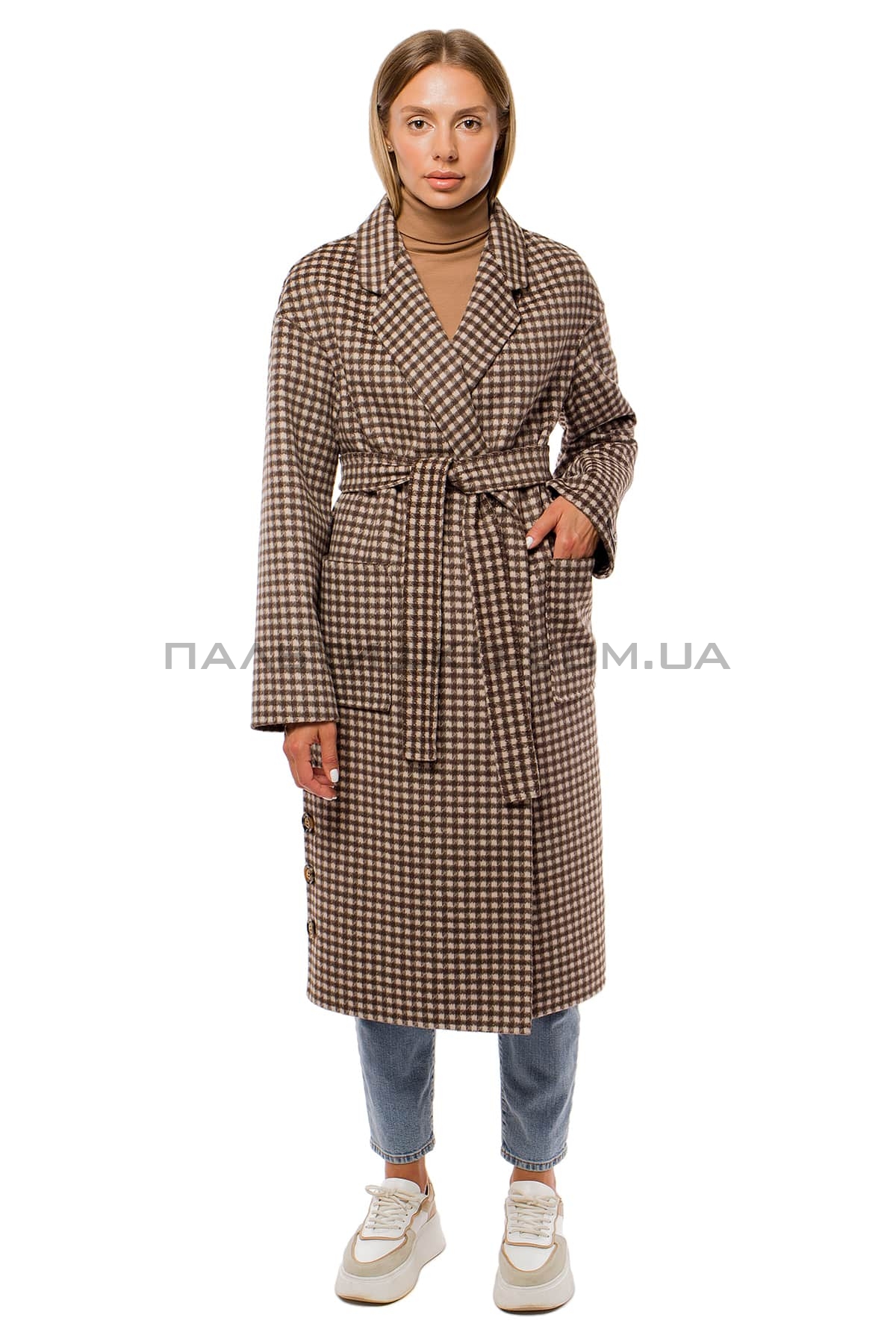  Женское стильное пальто гусиная лапка коричневое