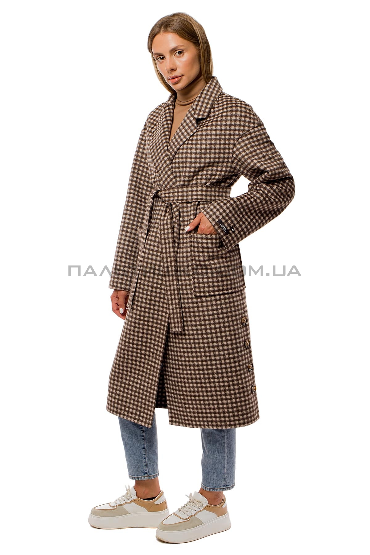  Женское стильное пальто гусиная лапка коричневое