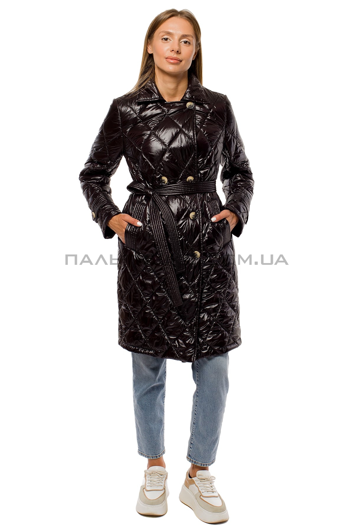  Жіноча куртка чорна перламутрова з поясом